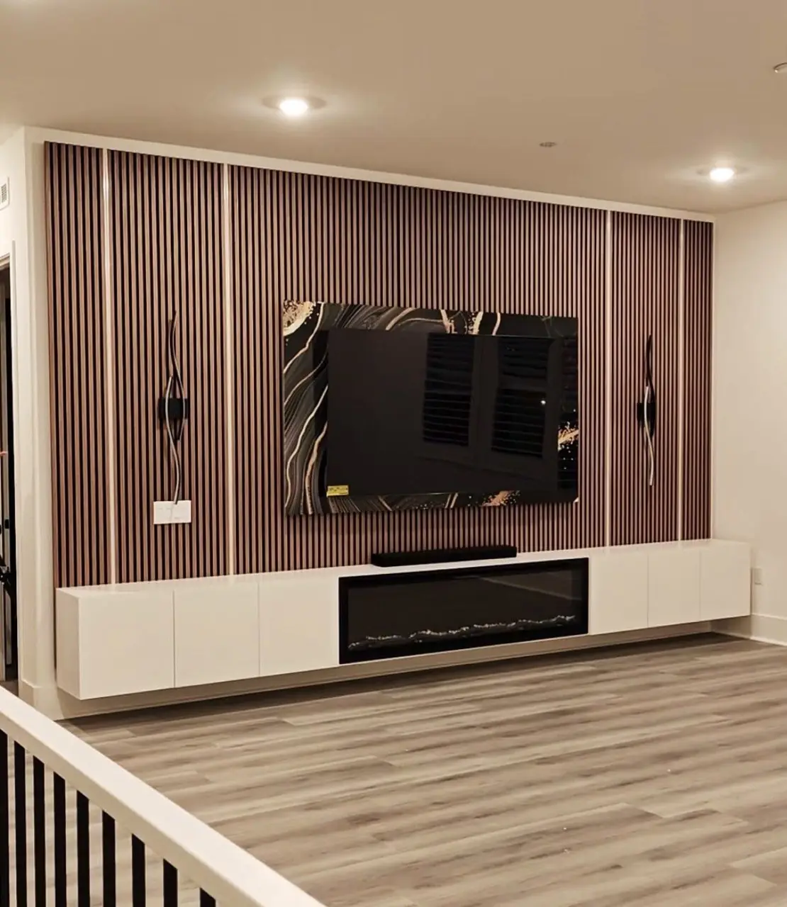 Full slat wall feature wall with fireplace Morrisville NC